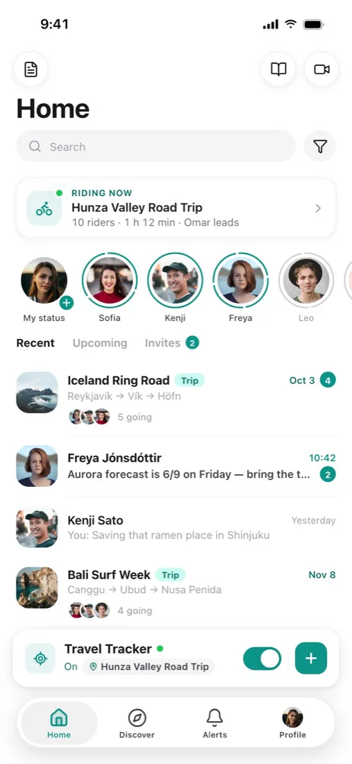 Otrip home screen with upcoming trips