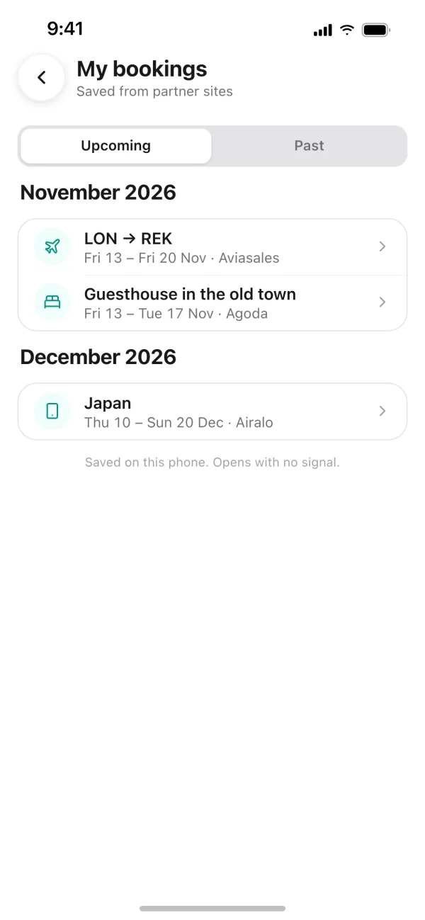 My bookings, saved on the phone